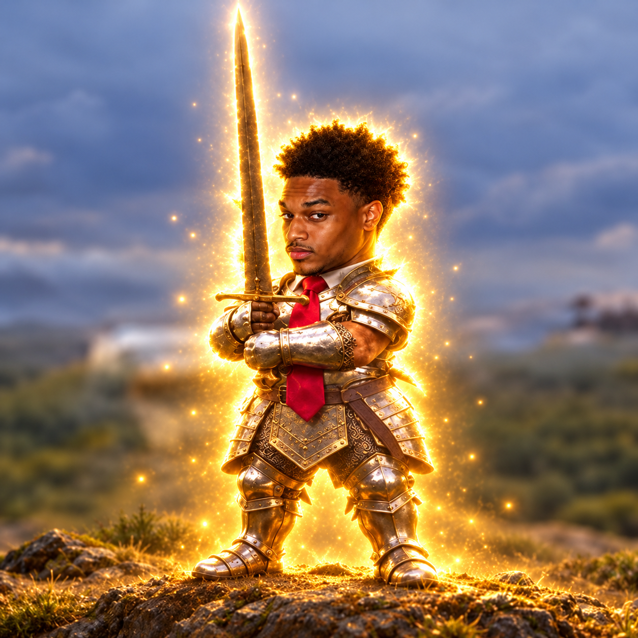 Ansem in golden knight armor holding a glowing sword